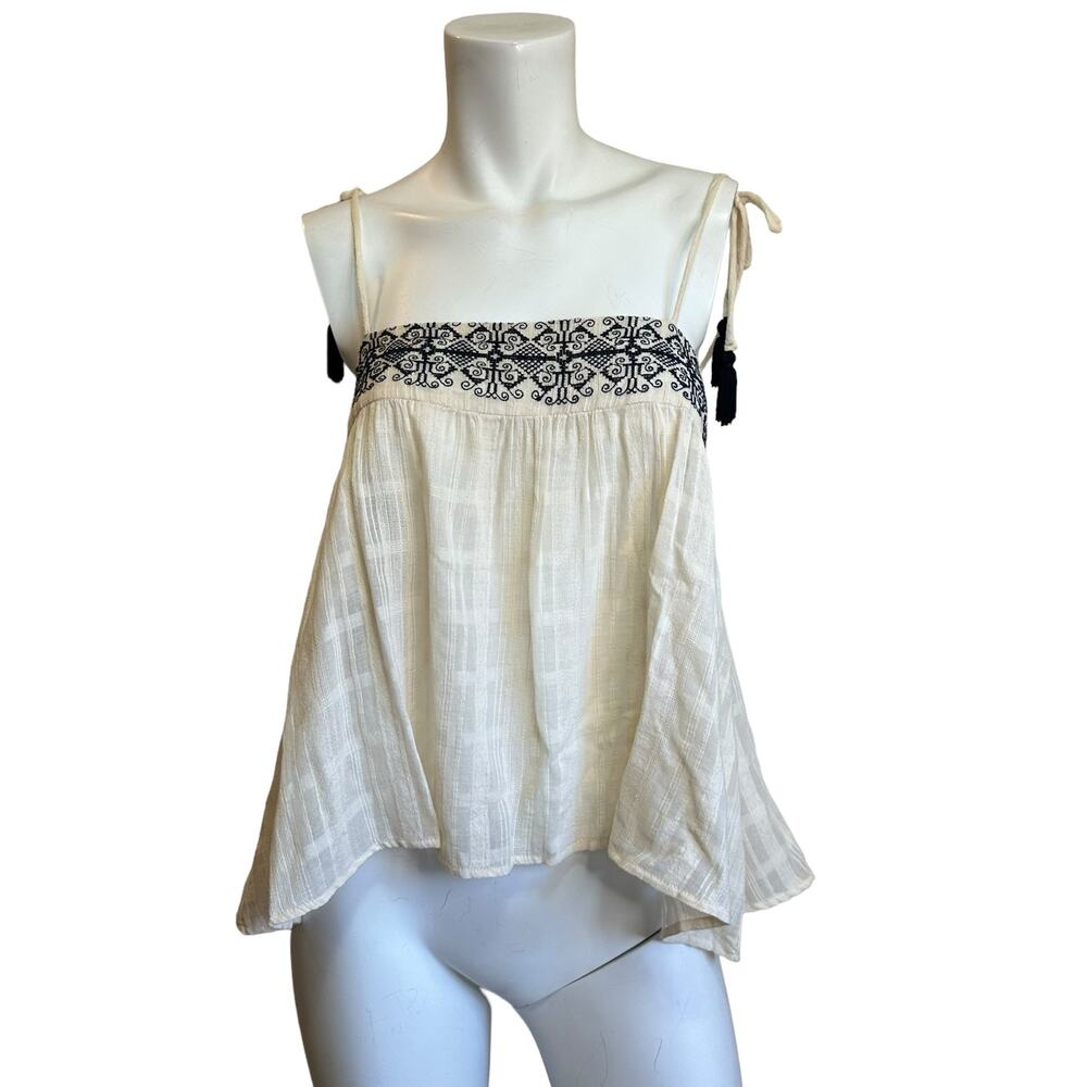 Bec & Bridge Cream Blue Embroidered Tassel Tie Open Back Sleeveless Top sz 4 EUC